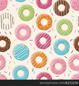 Seamless pattern with colorful tasty glossy donuts, vector illustration