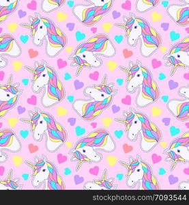 Seamless pattern with colorful unicorn and hearts on pink background.