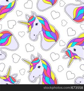 Seamless pattern with colorful unicorn and hearts on white background.