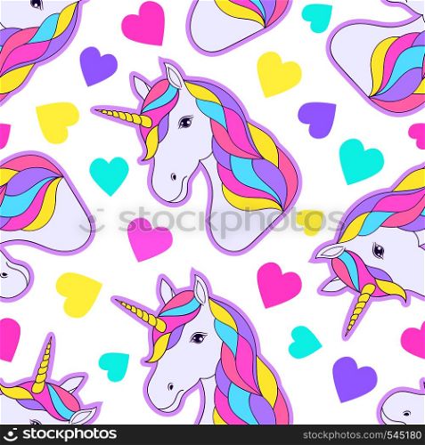 Seamless pattern with colorful unicorns and hearts on white background.