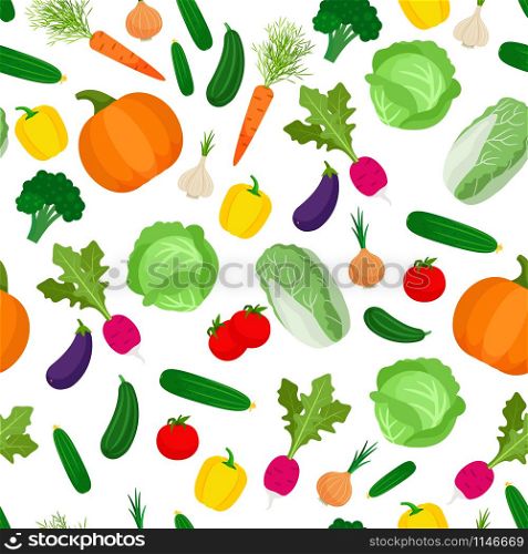 Seamless pattern with colorful vegetables, fall background, vector illustration. Seamless pattern with colorful vegetables