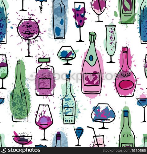 Seamless pattern with colorful wine bottles and glasses. Vector illustration.