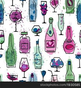 Seamless pattern with colorful wine bottles and glasses. Vector illustration.