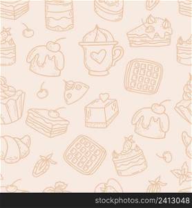 Seamless pattern with confectionery. Dessert and cake, waffle, candy and croissant on white background. Vector illustration. Linear hand drawn doodle for design, decor, wallpaper and packaging