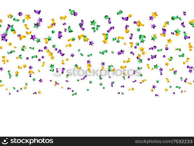 Seamless pattern with confetti in Mardi Gras colors. Carnival background for traditional holiday or festival.. Seamless pattern with confetti in Mardi Gras colors.
