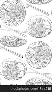 Seamless pattern with contour black and white cartoon illustration of ramen in different angles. Noodles. Vector texture for wallpaper, wraps, fabric and your crativity. Seamless pattern with contour black and white cartoon illustration of ramen in different angles. Noodles. Vector texture