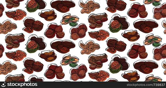 Seamless pattern with contour drawings of various types of nuts with colored spots on white background. Vector texture for wallpaper, fabrics, menus and your design.. Seamless pattern with contour drawings of various types of nuts with colored spots on white background. Vector texture