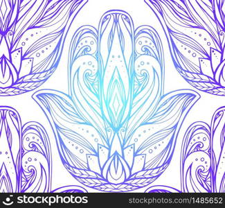 Seamless pattern with contour illustration of Hamsa with boho pattern. Hand of Buddha. Vector background for wallpapers, wrapper, printing on T-shirts and textile. Tracery hand drawn pattern. Seamless pattern with contour illustration of Hamsa with boho pa