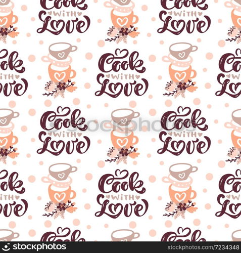 Seamless pattern with cooking tools on white background. Backdrop with kitchen utensils for homemade meals preparation with flowers. Vector illustration in flat style for textile print, wrapping paper.. Seamless pattern with cooking tools and calligraphy text Cook with love. Backdrop with kitchen utensils for homemade meals preparation with flowers. Vector illustration in flat style for textile print, wrapping paper