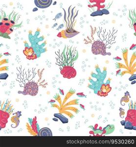 Seamless pattern with corals and seaweeds. Underwater inhabitants, fish and seahorse, doodle style drawing, Decor textile, wrapping paper, wallpaper design. Childish print for fabric. Vector concept. Seamless pattern with corals and seaweeds. Underwater inhabitants, fish and seahorse, doodle style drawing, Decor textile, wrapping paper, wallpaper design. Print for fabric. Vector concept