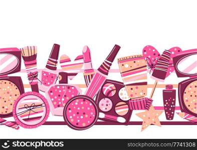 Seamless pattern with cosmetics for skincare and makeup. Illustration for catalog or advertising. Beauty and fashion items.. Seamless pattern with cosmetics for skincare and makeup. Illustration for advertising. Beauty and fashion items.