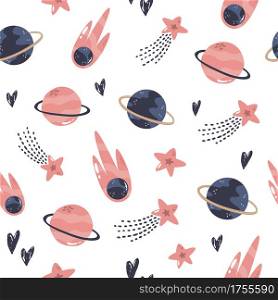 Seamless pattern with cosmic objects planets, stars, comets. Vector illustration for different designs, gift boxes, prints, wallpaper, wrapping paper. Seamless pattern with cosmic objects planets, stars, comets