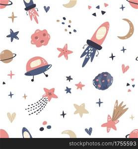 Seamless pattern with cosmic objects planets, stars, comets, rocket, UFO. Vector illustration for different designs, gift boxes, prints, wallpaper, wrapping paper. Seamless pattern with cosmic objects planets, stars, comets