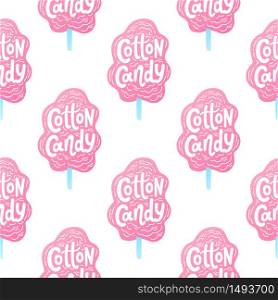 Seamless pattern with Cotton candy on stick. Text logo lettering for dessert for girls and kids. Hand drawn vector illustration for your design. Print poster, stickers, tee, shirt. Pastel Pink color.. Cotton candyseamless pattern. Text lettering. Hand drawn vector illustration.