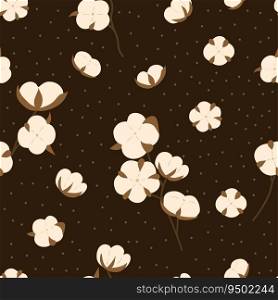 Seamless pattern with cotton flowers boll on brown background. Eco organic concept. Backdrop for wallpaper, print, textile, fabric, wrapping. Vector illustration.