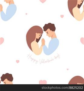 Seamless pattern with couple in love. Happy romantic girl and man on white background with hearts. Vector illustration. endless background for valentines, festive packaging, wallpaper, design 