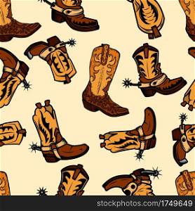 Seamless pattern with cowboy boots. Design element for poster, card, banner, clothes decoration. Vector illustration