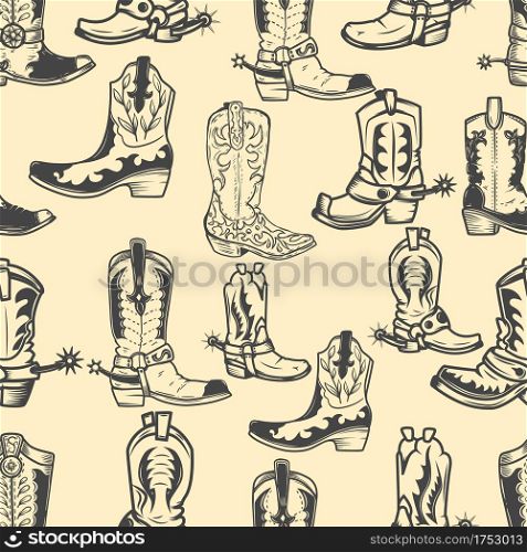 Seamless pattern with cowboy boots. Design element for poster, card, banner, clothes decoration. Vector illustration