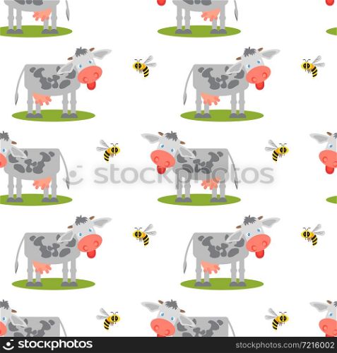 Seamless pattern with cows and bees.