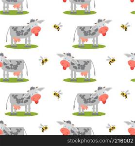 Seamless pattern with cows and bees.