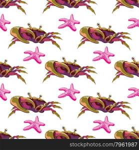 Seamless pattern with crabs and starfish. Vector illustration