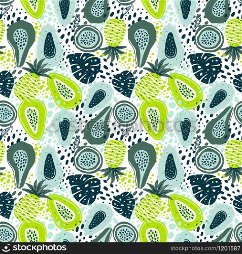 Seamless pattern with creative modern fruits. Hand drawn trendy background.. Seamless pattern with creative modern fruits. Hand drawn trendy background. Abstract pattern with papaya pineapple and passion fruit. Template for cards, banners, print fabric, t-shirt.