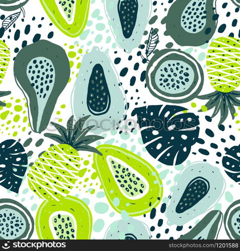 Seamless pattern with creative modern fruits. Hand drawn trendy background.. Seamless pattern with creative modern fruits. Hand drawn trendy background. Abstract pattern with papaya pineapple and passion fruit. Template for cards, banners, print fabric, t-shirt.