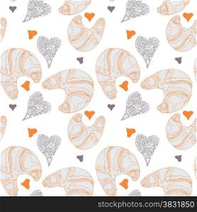 Seamless pattern with croissants, hearts and French text that says Croissant with butter. Vector file contains the pattern swatch!