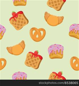 Seamless Pattern with Croissants, Wafers, Cupcakes. Seamless pattern with croissants, wafers, pretzel with poppy and cupcakes. Endless texture with delicious sweets. Wallpaper design with fresh confectionery. Tasty bakery. Vector in flat style design