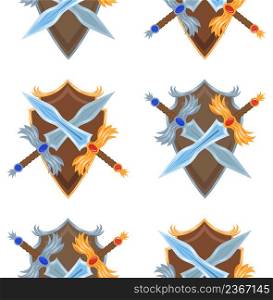 Seamless pattern with crossing cartoon swords and shields on white background. Protection and strength. Rich knightley uniform. Vector texture with gold and silver weapon for wallpaper and games. Seamless pattern with crossing cartoon swords and shields on white background. Protection and strength. Rich knightley uniform