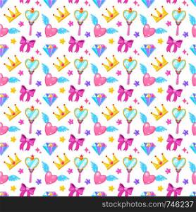 Seamless pattern with crown,diamond,heart,bow,mirrow and stars on white background