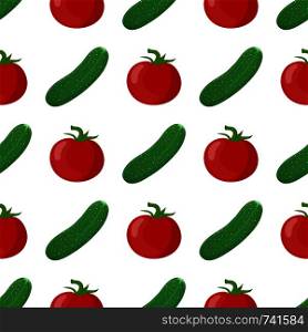 Seamless pattern with cucumber and tomato vegetables. Organic food. Cartoon style. Vector illustration for design, web, wrapping paper, fabric, wallpaper.