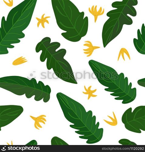 Seamless pattern with cucumber leaves and flowers. Vegetable wallpaper. Design for fabric, textile print, wrapping paper, textile, restaurant menu. Vector illustration. Seamless pattern with cucumber leaves and flowers.