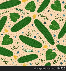 Seamless pattern with cucumber. Vegetable wallpaper. Design for fabric, textile print, wrapping paper, textile, restaurant menu. Vector illustration. Seamless pattern with cucumber. Vegetable wallpaper illustration