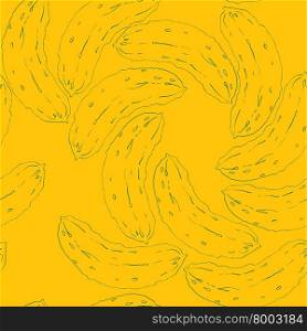 Seamless pattern with cucumbers in a spiral composition, doodle illustration over a dark yellow background