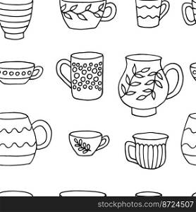 Seamless pattern with cup mug. Cup in doodle style. Hand drawn vector illustration.