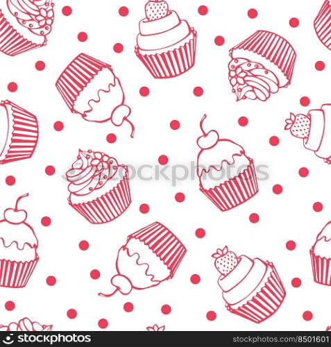 Seamless pattern with cupcake. Hand drawn sweets doodle. Vector illustration. Perfect for greetings, invitations, manufacture wrapping paper, textile and web design.. Seamless pattern with cupcake. Hand drawn sweets doodle. Vector illustration. Perfect for greetings, invitations, manufacture wrapping paper, textile and web design