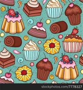 Seamless pattern with cupcakes on a green background. Hand drawn vector illustration