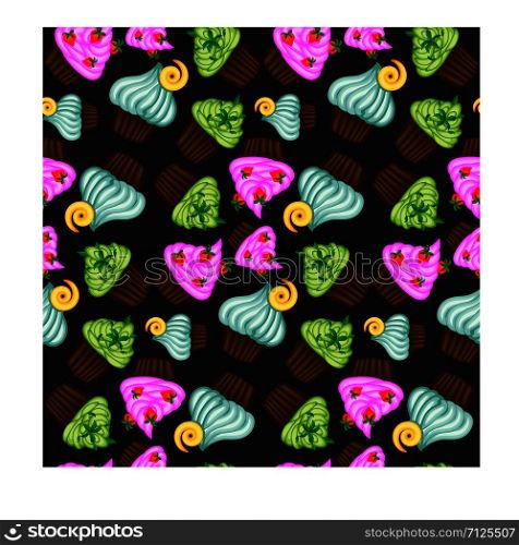 Seamless pattern with cupcakes on black background, sweet life, background. Cakes, sweets, inscription, lettering. Template for cafe