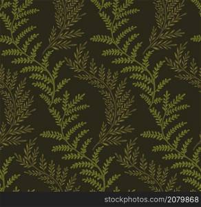 Seamless pattern with curls of fern branches on a dark green background. Vector tropical texture with stems and foliage for fabrics, wallpaper and your design.. Seamless pattern with curls of fern branches on a dark green background. Vector tropical texture with stems and foliage