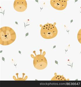 Seamless pattern with cute african animals cheetah, giraffe and lion. Cute design with animal faces for cloth prints, wallpaper, wrapping paper. Seamless pattern with cute african animals cheetah, giraffe and lion