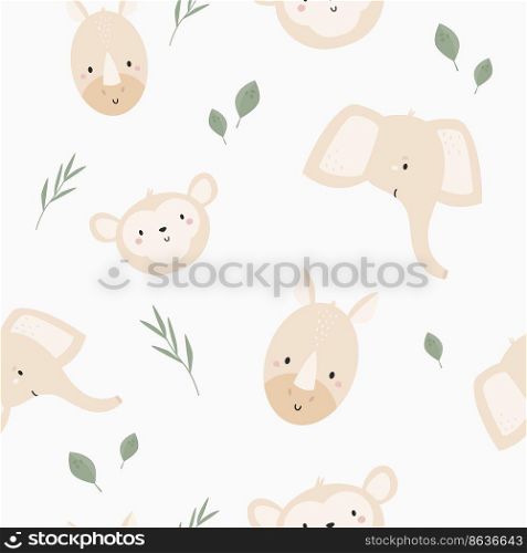 Seamless pattern with cute african animals rhino, elephant and monkey. Cute design with animal faces for cloth prints, wallpaper, wrapping paper. Seamless pattern with cute african animals rhino, elephant and monkey