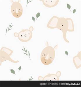 Seamless pattern with cute african animals rhino, elephant and monkey. Cute design with animal faces for cloth prints, wallpaper, wrapping paper. Seamless pattern with cute african animals rhino, elephant and monkey