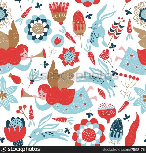 Seamless pattern with cute angels, spring flowers, Easter bunnies. Vector stylized illustration on a white background. For printing fabric, paper.. Spring seamless pattern. Vector cute illustration. For printing on fabric or paper. Patterns for clothing, Wallpaper, wrapping paper, tablecloths.