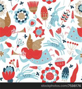 Seamless pattern with cute angels, spring flowers, Easter bunnies. Vector stylized illustration on a white background. For printing fabric, paper.. Spring seamless pattern. Vector cute illustration. For printing on fabric or paper. Patterns for clothing, Wallpaper, wrapping paper, tablecloths.