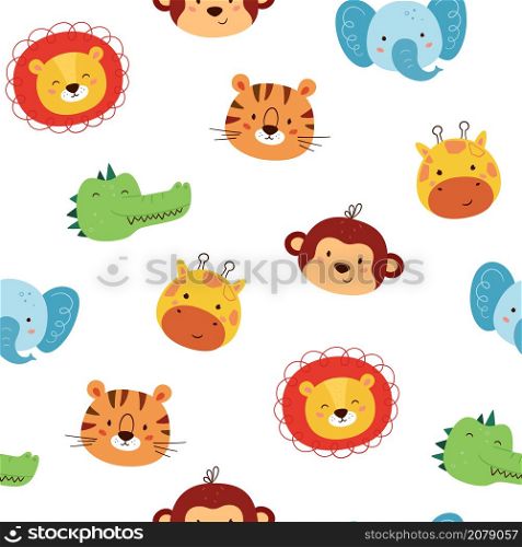 Seamless pattern with cute animal characters. Funny kawaii lion, tiger, giraffe, elephant, monkey and crocodile. Children pattern. Faces of wild animals. Vector illustration on white background.. Seamless pattern with cute animal characters. Funny kawaii lion, tiger, giraffe, elephant, monkey and crocodile. Children pattern. Faces of wild animals. Vector illustration on white background