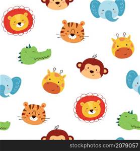 Seamless pattern with cute animal characters. Funny kawaii lion, tiger, giraffe, elephant, monkey and crocodile. Children pattern. Faces of wild animals. Vector illustration on white background.. Seamless pattern with cute animal characters. Funny kawaii lion, tiger, giraffe, elephant, monkey and crocodile. Children pattern. Faces of wild animals. Vector illustration on white background