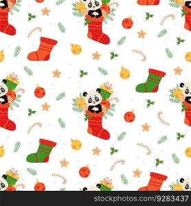 Seamless pattern with cute animal panda in Christmas sock with gift, gingerbread and Christmas balls on white background. Vector illustration in flat cartoon style. Kids collection