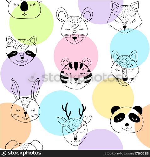 Seamless pattern with cute animals and colorful circles on white background.