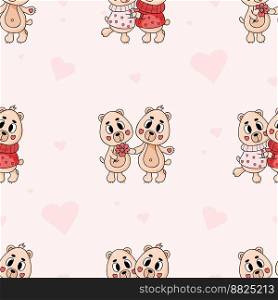 Seamless pattern with cute animals. Enamored bears on pink background with hearts. Vector illustration. Romantic endless background for valentines, wallpapers, packaging, print, design